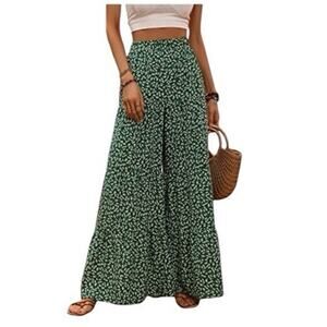 H&M Womens L Casual Wide Leg Palazzo Pant Beach Floral Green NEW Retro Cottage